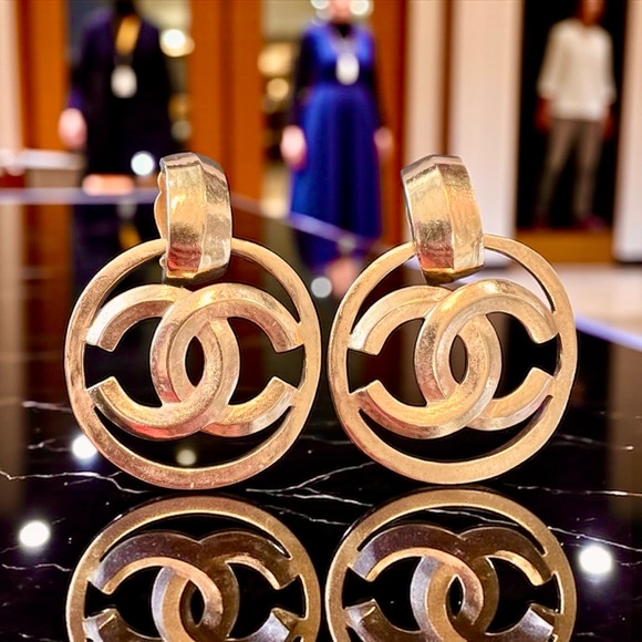 CHANEL Gold Logo Door Knocker Hoop Earrings - Picture 1 of 5